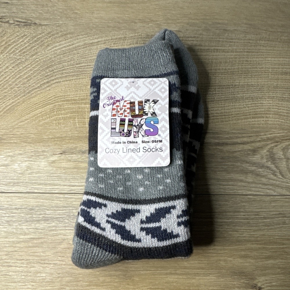 MUK LUKS Cozy Lined‎ Socks Gray Fair Isle One Size Fits Most Lounge Comfy